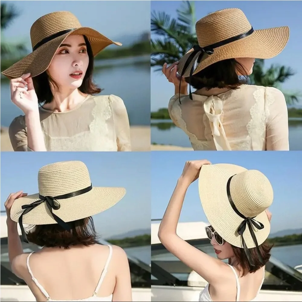 WIDE BRIM SUN HAT IN PINK, KHAKI OR NATURAL WITH‎ A BLACK RIBBON-NEW